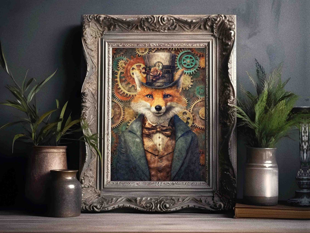 Steampunk Fox Wall Art Print // Vintage Style Portrait of - Etsy