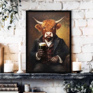 Highland Cow with Stout Wall Art Print // Vintage Painting Style Portrait of Scottish Cow & Guinness Beer - Ireland Animal Decor Poster Gift