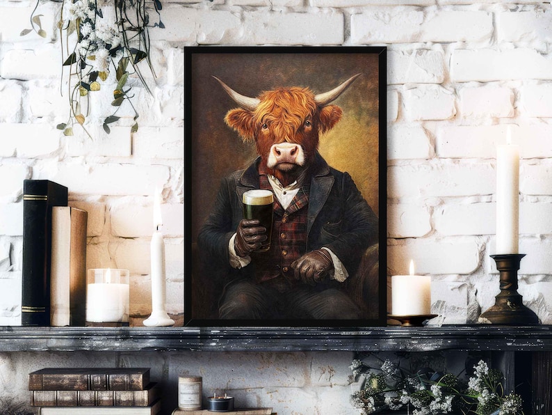 Highland Cow with Stout Wall Art Print // Vintage Painting Style Portrait of Scottish Cow & Guinness Beer - Ireland Animal Decor Poster Gift