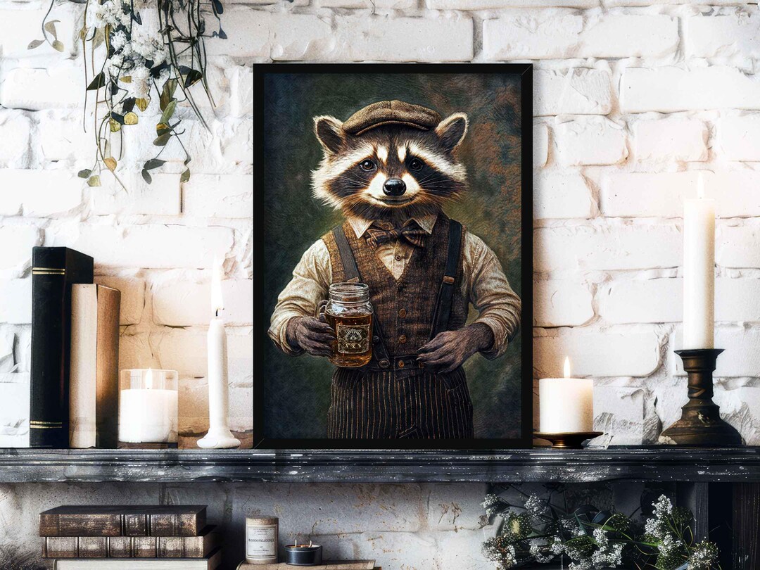 Raccoon Drinking Moonshine Wall Art Print // Vintage Painting Style ...
