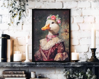 Lady Duck Wall Art Print: Vintage Victorian Portrait of Duck in Pink Dress with Flowers | Whimsical Cottagecore Animal Artwork Home Decor