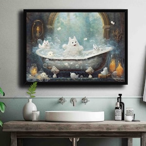 Ghost Animals in Bathtub // Print of Cute White Fluffy Cat, Dog, Bunny, Fish in Bubble Bath - Vintage Style Spooky Toilet Bathroom Wall Art