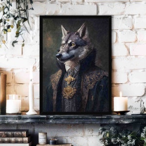 May include: A framed painting of a wolf wearing a dark blue and gold robe with intricate details. The wolf has a serious expression and is looking to the left. The background is a dark, textured canvas.