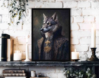 Wolf King Wall Art Print // Gothic Vintage Style Portrait of Grey + White Wolf a Wearing an Regal Renaissance Outfit - Maximalist Home Decor
