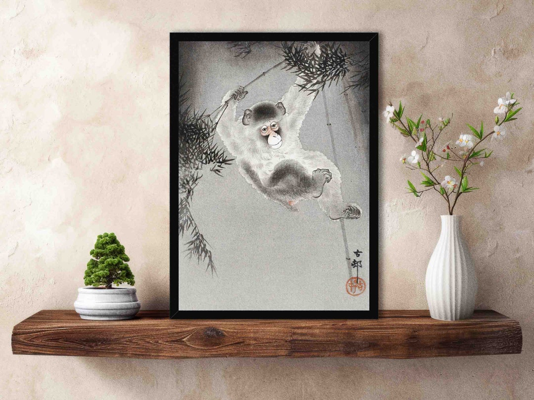 Monkey With Bamboo Art Print // Vintage Japanese Antique Macaque