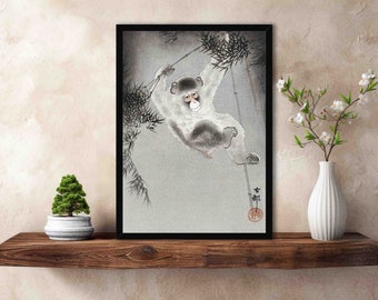 Monkey with Bamboo Art Print // Vintage Japanese Antique Macaque Illustration - Unique Restored Ohara Koson Historical Animal Wall Artwork