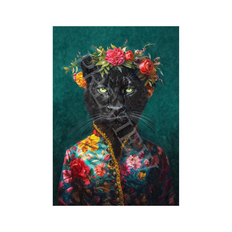 Panther Maximalist Wall Art Print // Vintage Painting Style Portrait of ...