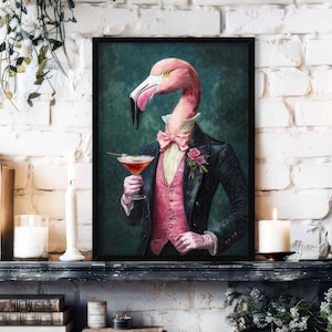 Flamingo Drinking Pink Cocktail Wall Art Print // Vintage Painting Style Flamboyant Bird in Stylish Suit - Whimsical Kitchen Home Decor Gift