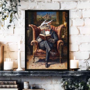 Dragon Reading Book Wall Art Print | Vintage Style Fantasy Lizard in Armchair | Bookish Home Library Decor | Home Decor Gift for Book Lovers