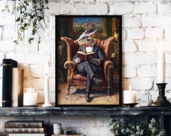 Dragon Reading Book Wall Art Print | Vintage Style Fantasy Lizard in Armchair | Bookish Home Library Decor | Home Decor Gift for Book Lovers