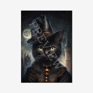 May include: A black cat wearing a witch's hat and a gold necklace with a gemstone pendant. The cat is in front of a dark background with a moon and a tall building.