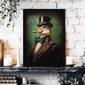 Duck Wall Art Print // Vintage Painting Style Portrait of White Duck / Goose in Victorian Gentleman&#39;s Suit, & Hat - Animal Decor Poster Gift