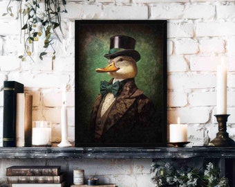 May include: A framed portrait of a duck wearing a top hat and bow tie. The duck is dressed in a brown suit with gold accents. The background is a green and brown textured canvas.