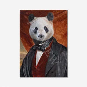 May include: A panda bear wearing a black suit with a red waistcoat and a white bow tie. The panda is standing in front of a red and orange background.