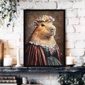 Capybara Lady Wall Art Print // Vintage Painting Style Portrait of Cute Animal in Victorian Woman's Dress & Flowers - Home Decor Poster Gift