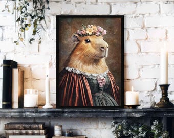 Capybara Lady Wall Art Print // Vintage Painting Style Portrait of Cute Animal in Victorian Woman's Dress & Flowers - Home Decor Poster Gift