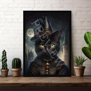 May include: A black cat wearing a witch's hat and a gold necklace with a bell charm. The cat is in front of a dark, gothic background with a moon and a tower.