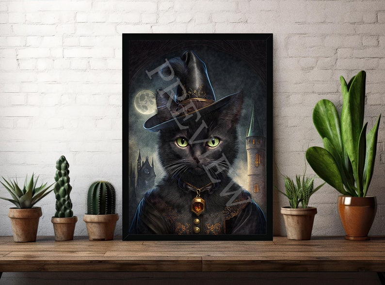 May include: A black cat wearing a witch's hat and a gold necklace with a bell charm. The cat is in front of a dark, gothic background with a moon and a tower.