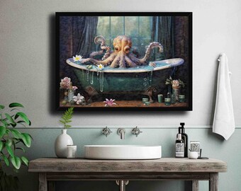 Octopus in Bathtub // Vintage Style Print of Octopus Kraken taking Bubble Bath in Whimsical Victorian Bathroom - Quirky Toilet Home Wall Art