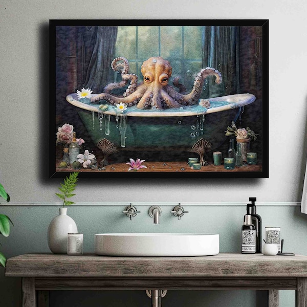 Octopus in Bathtub // Vintage Style Print of Octopus Kraken taking Bubble Bath in Whimsical Victorian Bathroom - Quirky Toilet Home Wall Art