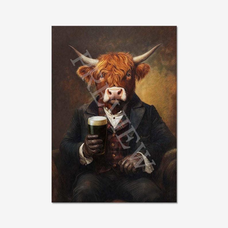 Op de afbeelding: Een grillige kunstprint toont een Schotse Hooglander in een pak, met een pint donker bier. De koe heeft een bruine, ruige vacht en grote hoorns. Ze draagt een zwart pak, een bordeauxrood vest en leren handschoenen.