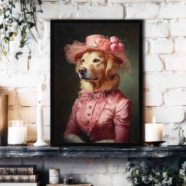 Golden Retriever Lady Wall Art Print // Cute Dog Wearing Victorian Dress Suit in Vintage Painting Style Portrait - Pet Lover Poster Gift