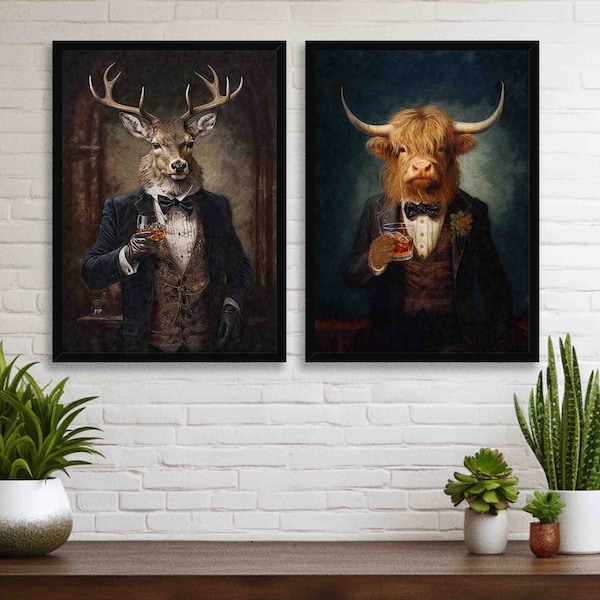 Stag & Highland Cow Drinking Whisky Wall Art Set - Vintage Victorian Painting Style Animal Portraits - Home Bar Kitchen Poster Print Bundle