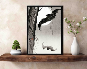 Bats & Moon Art Print // Vintage Japanese Antique Animal Illustration - Unique Restored Ohara Koson Historical Artwork - Gothic Wall Art
