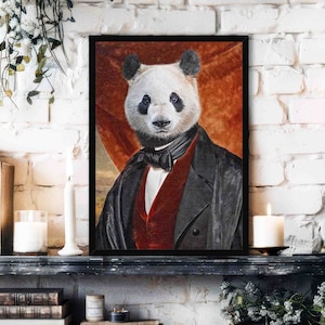 Panda Wall Art Print // Vintage Renaissance Painting Style Portrait of Gentleman Panda Bear with Suit, Waistcoat & Bowtie - Animal Art Print