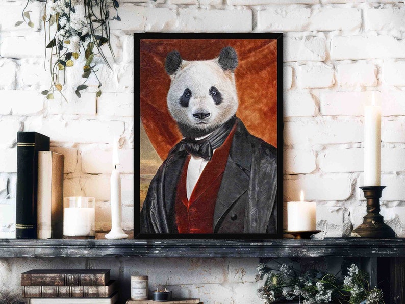 Panda Wall Art Print // Vintage Renaissance Painting Style Portrait of Gentleman Panda Bear with Suit, Waistcoat & Bowtie - Animal Art Print