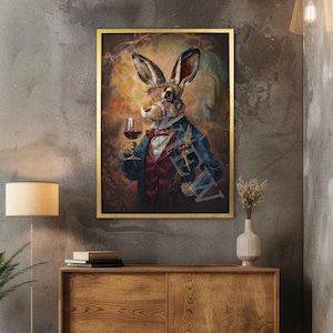 Hare Drinking Wine Wall Art Print / Vintage Painting Style Portrait of ...