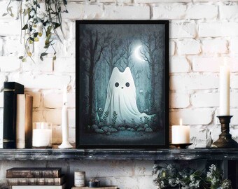 Ghost Cat Orange Wall Art Print // Cute White Cat Ghost