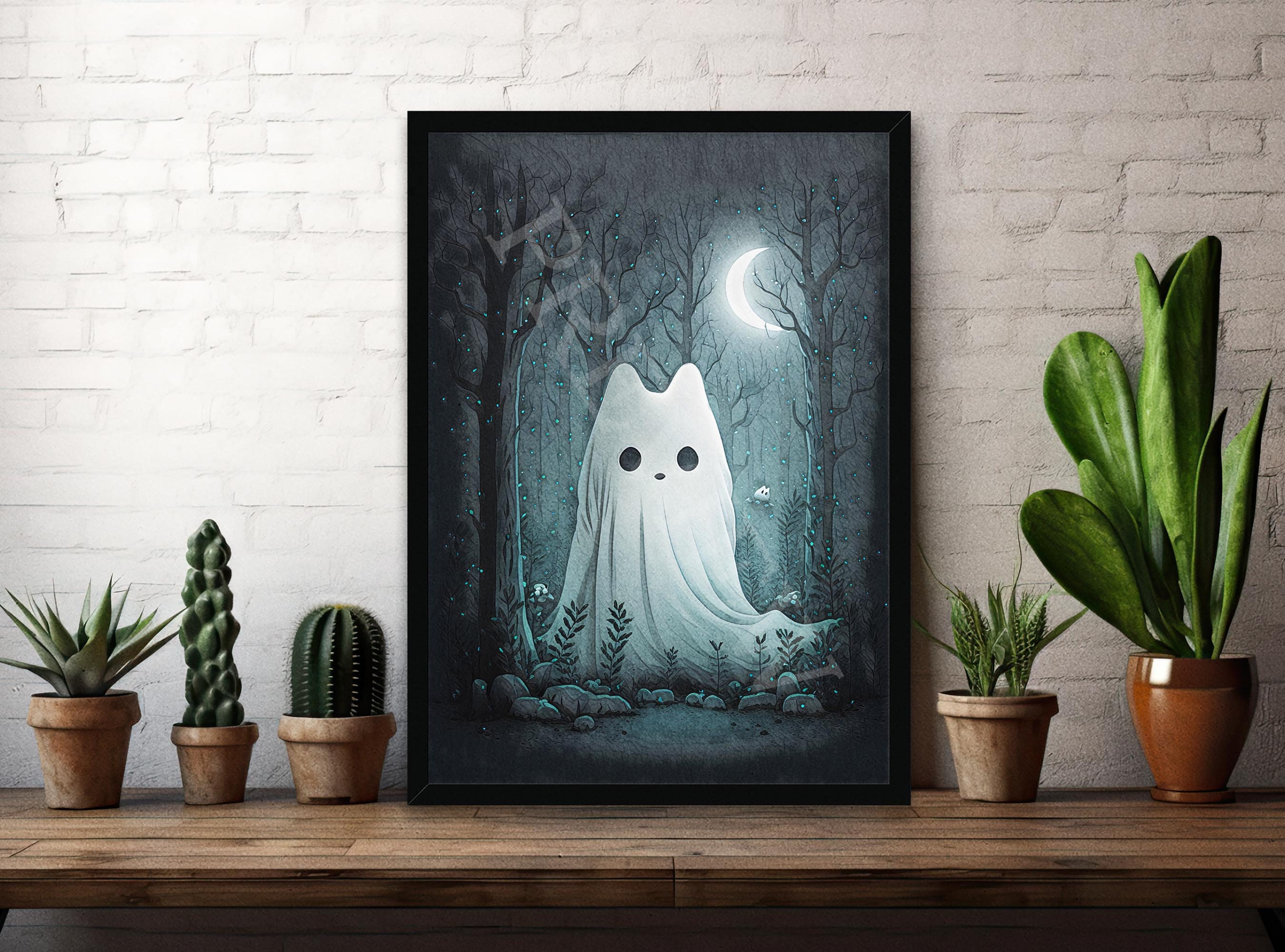 Ghost Cat Art Print: Blue Moonlit Forest, Gothic Maximalist Decor