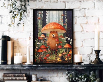 Bear in Mushroom Forest Wall Art Print // Whimsical Painting Style Portrait of Cute Brown Bear in Wildflower Woods  Animal Home Decor Gift