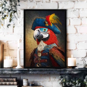 Parrot Pirate Wall Art Print // Vintage Style Portrait of Colourful Red + Blue Macaw Bird Wearing a Pirate Outfit & Hat - Maximalist Decor