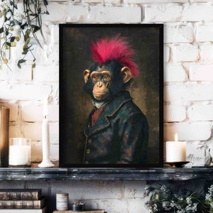 Monkey Wall Art Print // Vintage Painting Style Portrait of Cheeky Monkey with Bright Hot Pink Mohawk Hair & Suit - Animal Decor Poster Gift