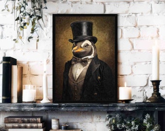 May include: A black and white penguin wearing a black top hat and a black bow tie. The penguin is wearing a brown vest and a black jacket. The background is a brown and gold color.