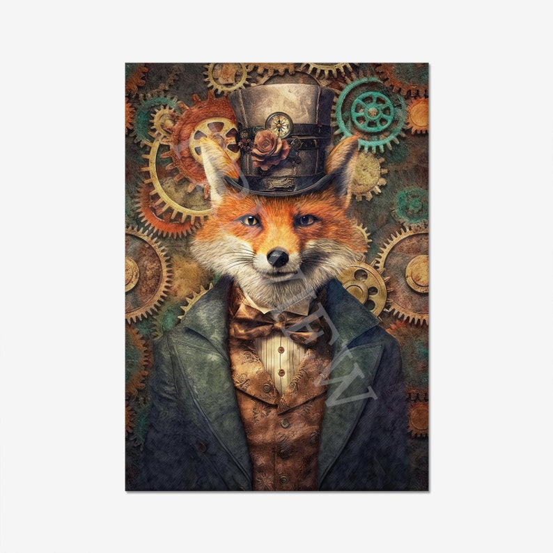 Steampunk Fox Wall Art Print // Vintage Style Portrait of Gentleman Fox ...