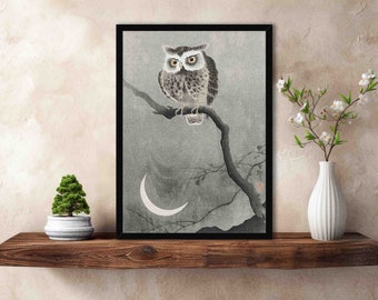 Owl & Moon Art Print // Vintage Japanese Antique Bird Illustration - Unique Restored Ohara Koson Historical Animal Wall Artwork
