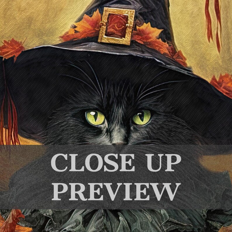 May include: A black cat wearing a witch's hat with a gold buckle and autumn leaves. The cat's green eyes are visible under the hat brim. The background is a blurry yellow and orange.