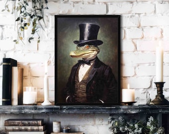 Alligator Gentleman Wall Art Print // Vintage Painting Style Portrait of Reptile / Crocodile in Victorian Suit & Hat- Animal Home Decor Gift