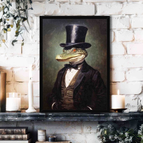 Alligator Gentleman Wall Art Print // Vintage Painting Style Portrait of Reptile / Crocodile in Victorian Suit & Hat- Animal Home Decor Gift