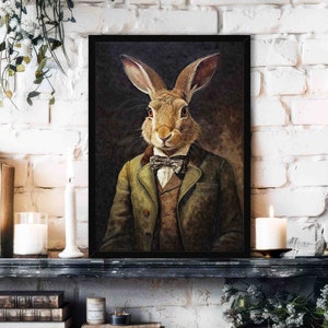 Liebre pared arte impresión // estilo de pintura vintage retrato de liebre / conejo en traje de caballero victoriano y pajarita - regalo de decoración del hogar animal
