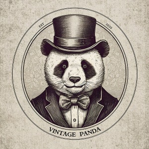 Op de afbeelding: Een zwart-witte illustratie van een panda die een hoge hoed en een strik draagt. De panda bevindt zich in een cirkelvormig frame met de tekst "EST 2020" en "Vintage Panda" onder de afbeelding.