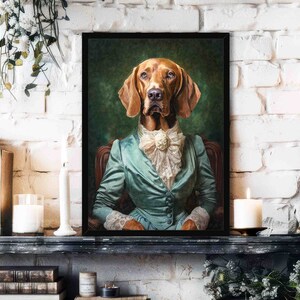 Lady Hound Dog Wall Art Print // Cute Dog Woman Wearing Victorian Dress Suit in Vintage Painting Style Portrait - Pet Lover Poster Gift