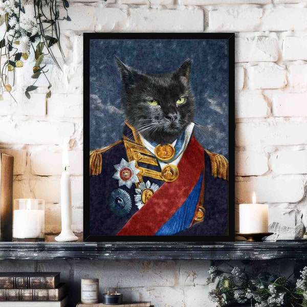 Black Cat Wall Art Print // Vintage Historical Painting Style Portrait of Cat with Military / Navy Officer Uniform - Home Decor Animal Gift