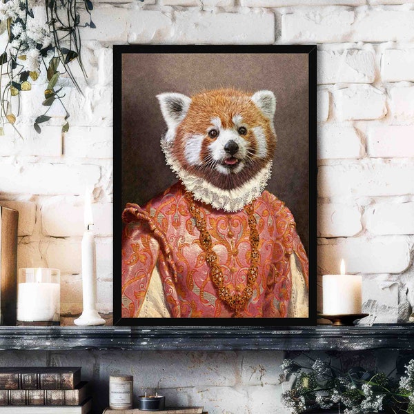 Red Panda Print // Vintage Painting Style Portrait of Cute Panda / Fox Wearing Renaissance Ruff // Animal Wall Art Home Décor Poster Gift