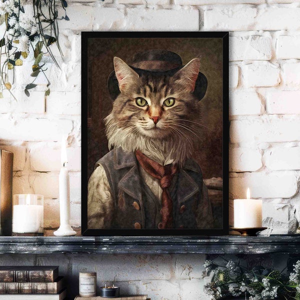 Cowboy Cat Wall Art Print // Vintage Painting Style Portrait of Maine Coon Cat Wearing a Cowboy Wild West / Country Western Outfit & Hat