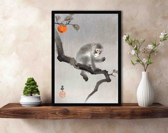 Monkey in Fruit Tree Art Print // Vintage Japanese Antique Macaque Illustration - Unique Restored Ohara Koson Historical Animal Wall Artwork