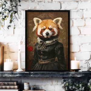 Red Panda Lady Wall Art Print // Vintage Painting Style Portrait of Cute Panda Bear in Victorian Dress - Quirky Animal Decor Poster Gift